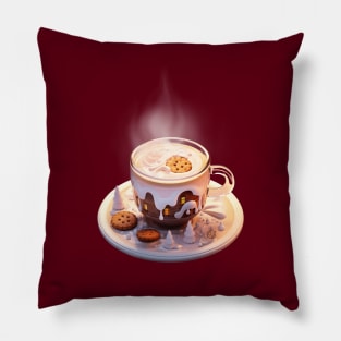 Cappuccino cup Winter Wonderland with wooden cabin surreal style Pillow