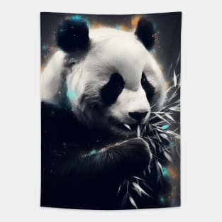 Monochromatic Panda Bear Eating Bamboo Within Rainbow Colors Tapestry