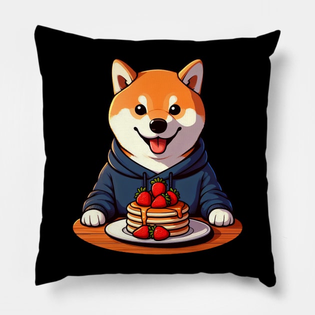 Shiba Inu Loves Strawberry Pancakes Pillow by Plushism