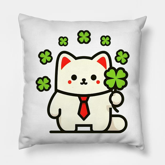 Cat Holding Shamrock for St Patricks Day Pillow by Rizstor