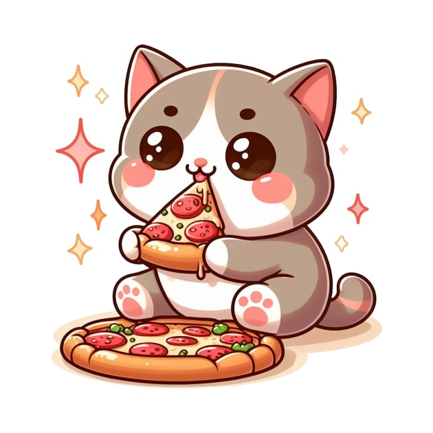 cute cat fat eat pizza slice cartoon illustration by art poo