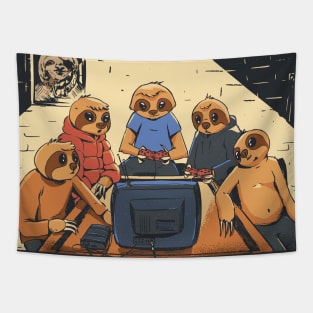 Sleepy Gamer Sloths // Funny Sloths Playing Video Games Tapestry