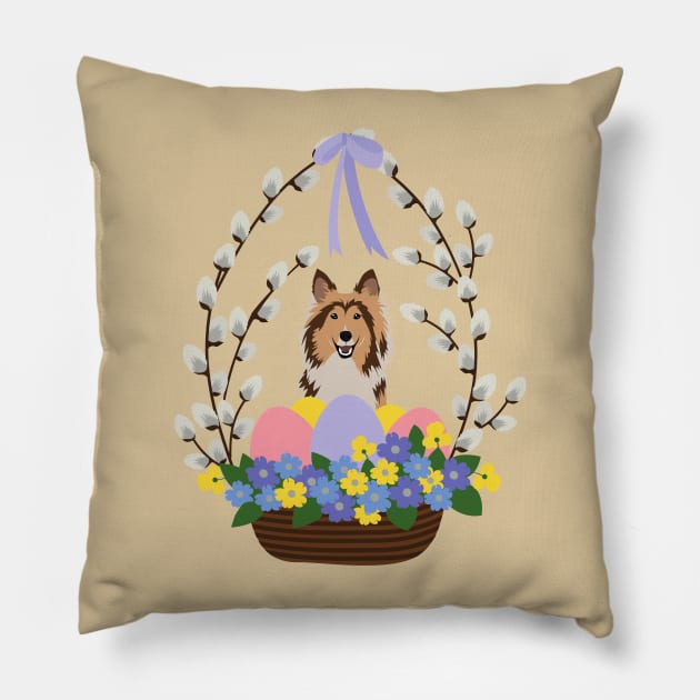 Rough Collie Dog with Easter Basket Made of Pussy Willow and Colorful Eggs Pillow by Seasonal Dogs