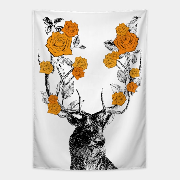 Stag and Roses | Stag and Flowers | Orange Roses | Tapestry by Eclectic At Heart