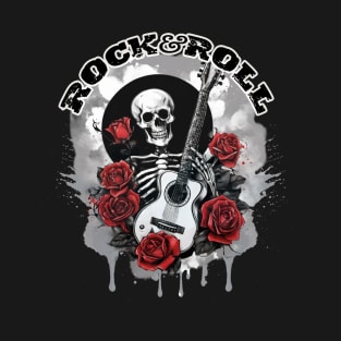 Skeleton ,Guitar and Roses - Rock and Roll T-Shirt