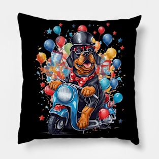 A humorous patriotic t-shirt design with a Rottweiler Dog on a scooter Pillow