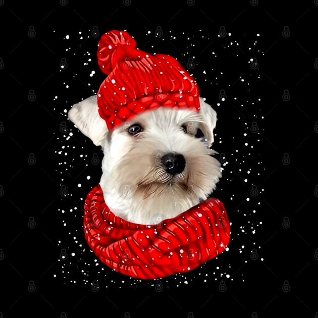 Miniature Schnauzer Wearing Red Hat And Scarf Christmas by SuperMama1650