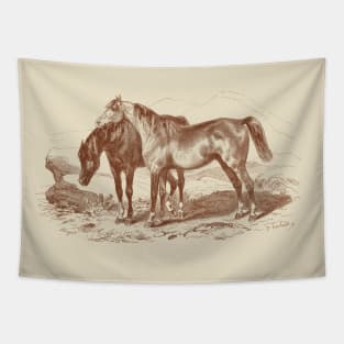 Brown Horses Retro Vintage Illustration Tapestry