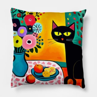 Still Life Painting with Black Cat and Flower Vase Pillow