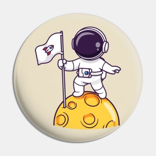 Cute Astronaut Holding Flag On Moon Cartoon Pin