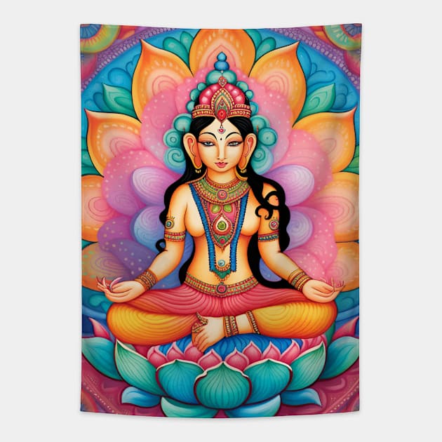 Lakshmi sitting on a lotus flower Tapestry by mariasshop