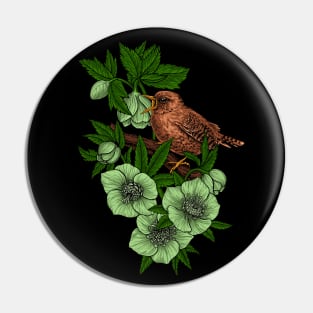 Wren and hellebore Pin