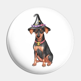 Watercolor Doberman Pinscher Dog in Witch Hat Pin