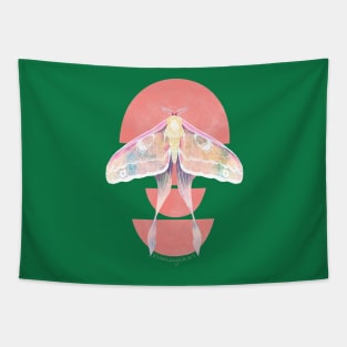 Pink Luna Moth Watercolor on Green Background Tapestry