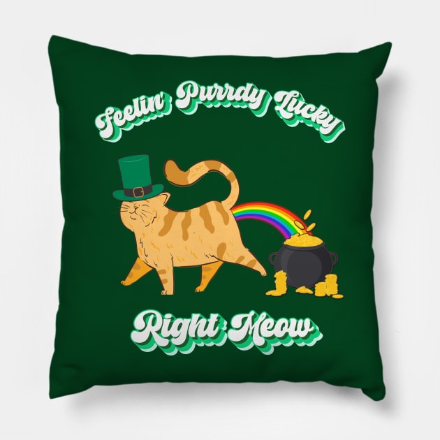 Feelin' Purrdy Lucky Right Meow, Funny Cat Leprechaun Rainbow Pot of Gold Pillow by AddiBettDesigns