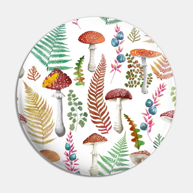 Fall fern leaves and fly agaric mushrooms seamless watercolor pattern. Autumn leaves, red poison mushrooms. Autumn print Pin by likapix