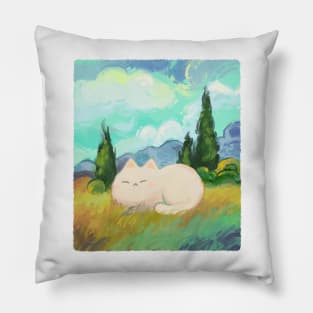 Cat Van Gogh in a Wheat Field with Cypresses Pillow