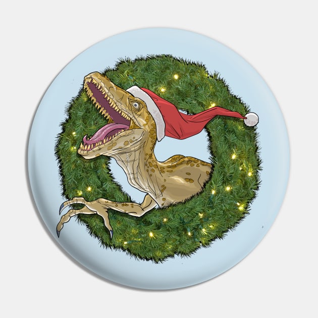 Velociraptor and Christmas Wreathe Pin by AyotaIllustration