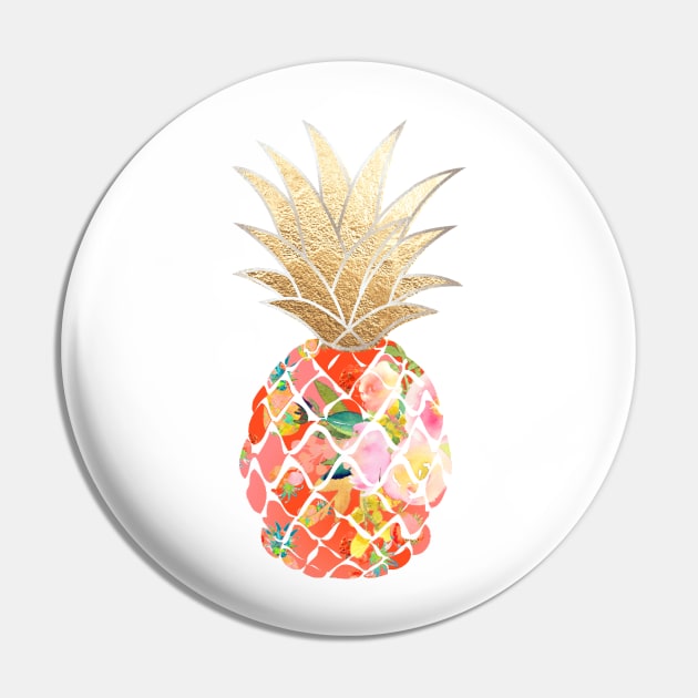 Aloha pineapple, coral orange + faux gold Pin by PixDezines