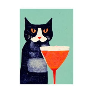 Cat with a Drink Retro Poster Vintage Art Cat Wall Cocktail Illustration Illustration T-Shirt