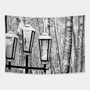 Lamppost in front of snow-covered trees Tapestry