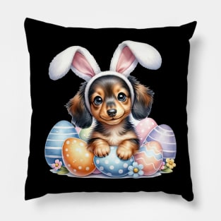 Puppy Dachshund Bunny Ears Easter Eggs Happy Easter Day Pillow