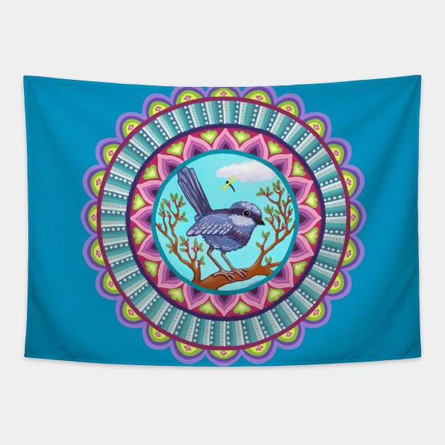 Australian Blue Wren Mandala Tapestry by SoozieWray