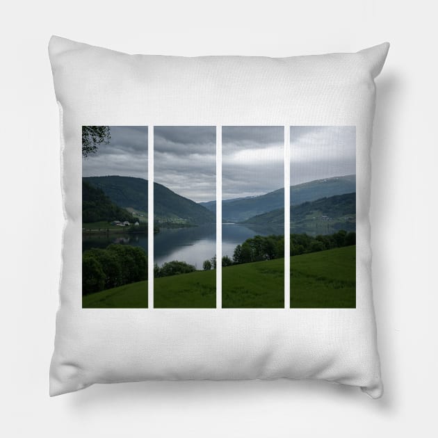 Wonderful landscapes in Norway. Vestland. Beautiful scenery of Vangsvatnet lake from the village of Bulken. Mountains, trees in background. Rainy day Pillow by fabbroni-art