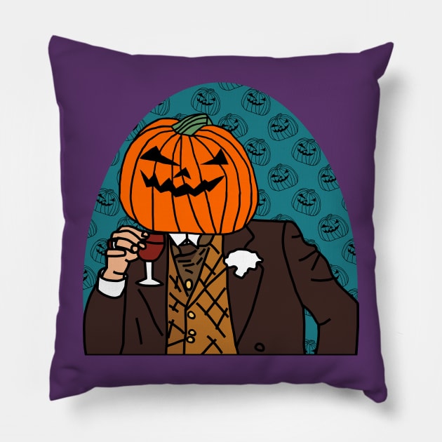 Pumpkin Head Drinking Wine Halloween Horror Portrait Pillow by ellenhenryart