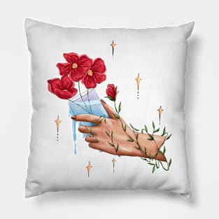 Aesthetic hand and red flowers Pillow