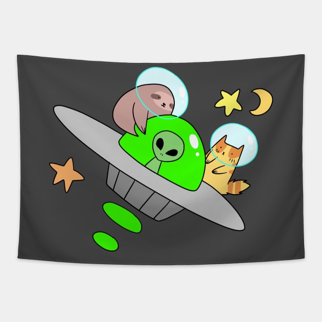 UFO Sloth and Tabby Cat Tapestry by saradaboru