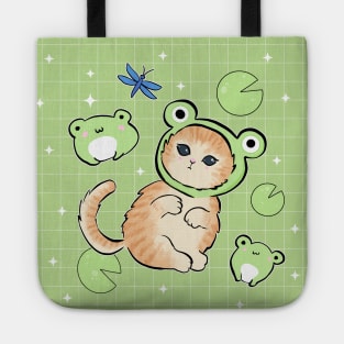 Kawaii Frog and Cat with Toad Hat - Retro 90s Cottagecore Aesthetic featuring Happy Froge Kitten Tote