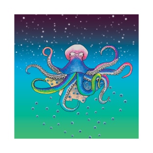 Trippy Octopus On Cloud Raining Eyeballs in Starry Sky T-Shirt