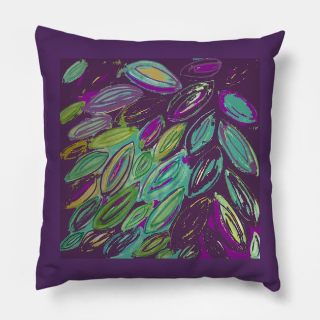 Watercolor Leaves in Purple Teal Blue Gold Pillow by djrunnels