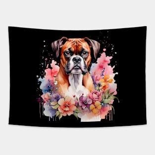 A boxer dog decorated with beautiful watercolor flowers Tapestry