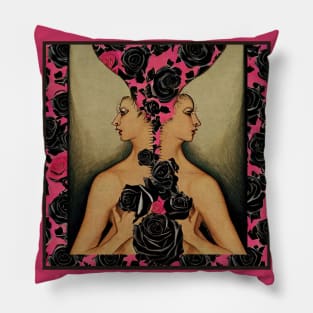 Splitted twins with black and pink roses Pillow