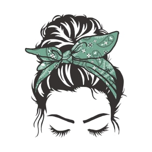 Messy Bun Girl Green Paisley Bandana T-Shirt