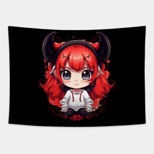 Cute Anime Demon Girl with Fiery Horns Tapestry