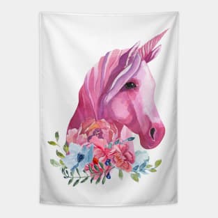 Unicorn Fantasy Horse with Magenta Flowers Watercolor Art Tapestry