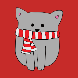 Grey Kitty in Candy Cane Scarf T-Shirt