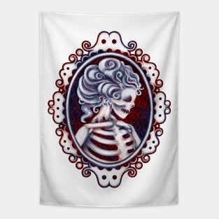 White Skeleton Girl in Frame with Red and Blue Background Cameo Tapestry