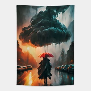 Urban Rainfall Symphony: Cloudy Cityscape Poncho Tapestry