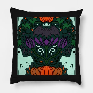 Spooky Ghost and Bat and Pumpkin Halloween Damask Repeat Print Deep Green Pillow