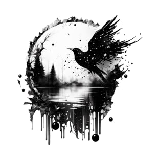 Monochrome Mystique: Ink Splatter Raven in Round Shadow Box T-Shirt