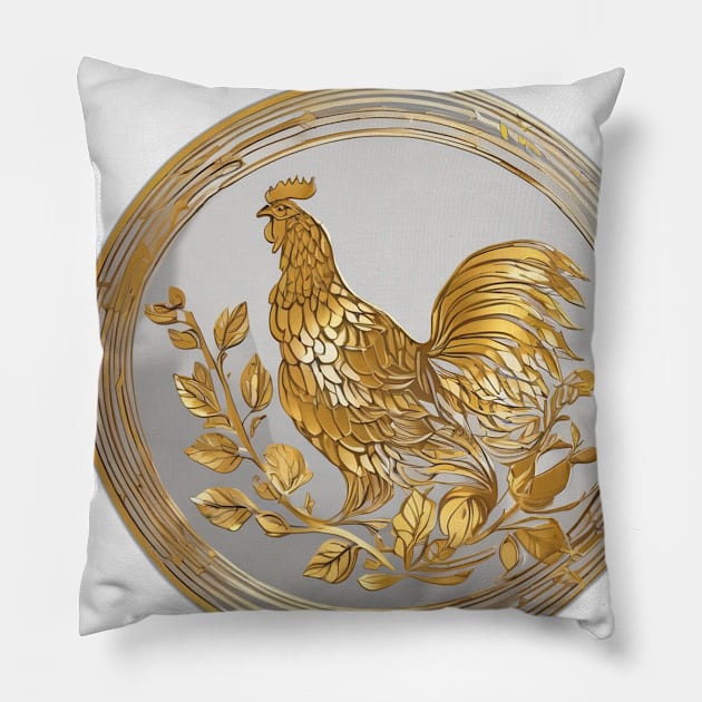 Golden Rooster on Elegant Coin Design No. 589 Pillow by cornelliusy