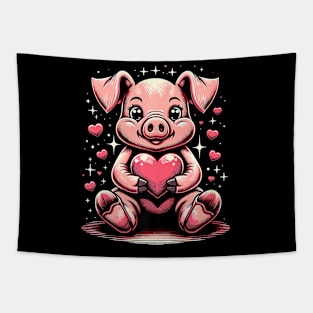 Pig Holding Heart Valentine's Day Cute Valentine Premium Tapestry
