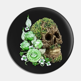 Unique Cool Tree Spirit Skull With Green Flowers Pin