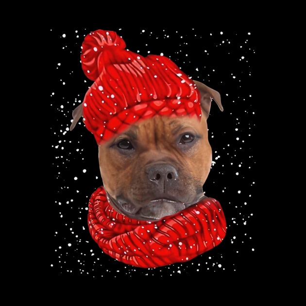 Staffordshire Bull Terriers Wearing Red Hat Christmas by Vintage White Rose Bouquets