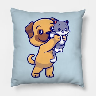 Cute Pug Dog Holding Baby Cat Cartoon Pillow