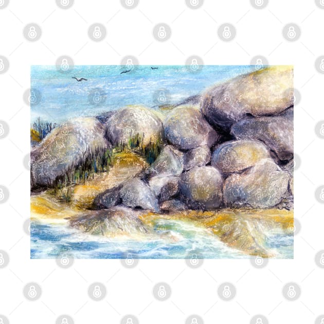 By the Boulders at High Tide Pastel Painting by Heatherian